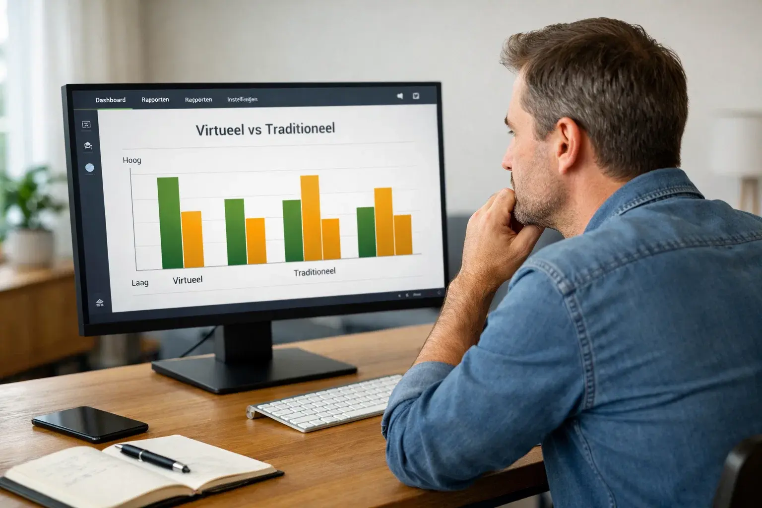 Persona seduta alla scrivania che analizza dati sportivi su un monitor con grafici