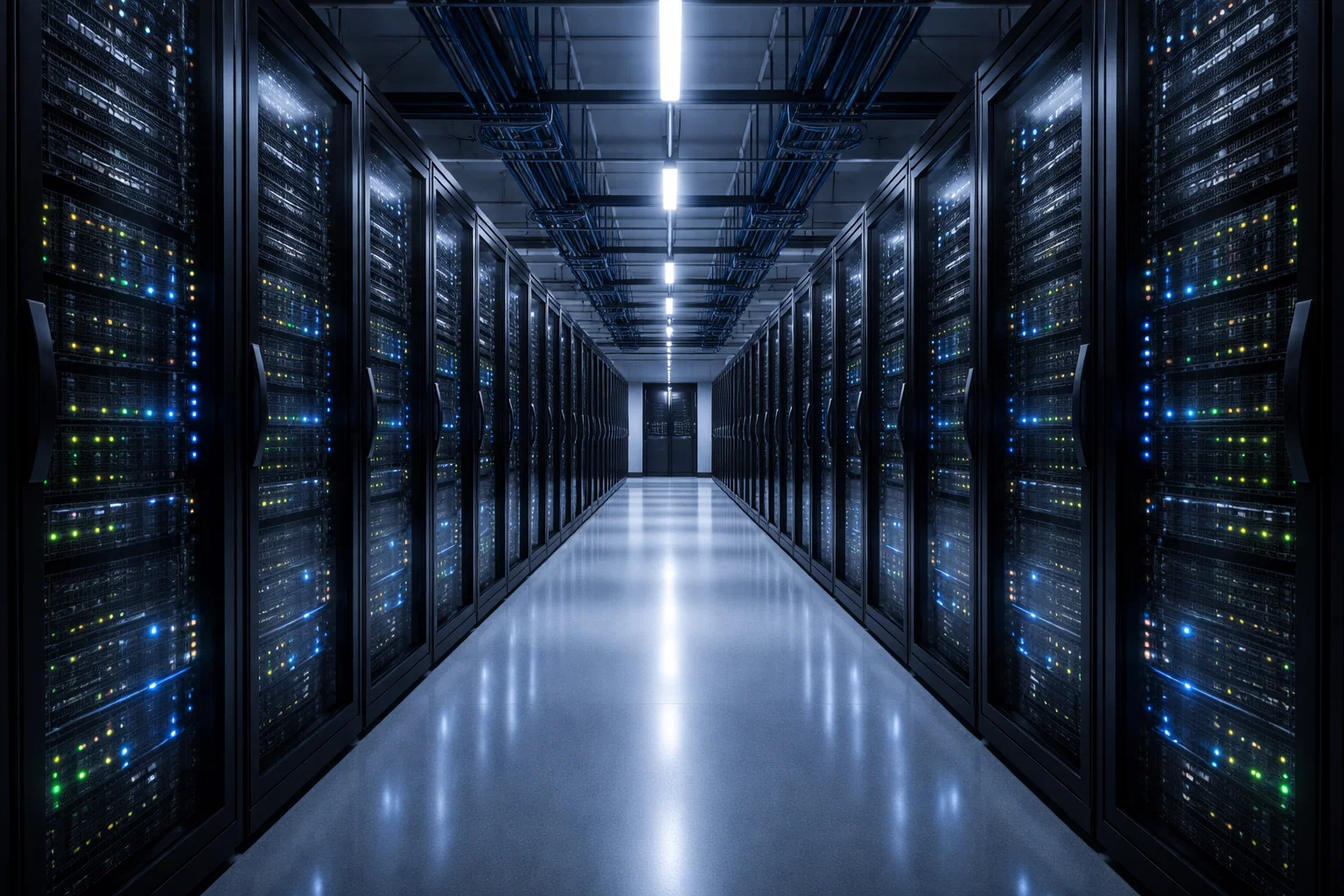 Sala server con luci LED che rappresenta il sistema RNG per le scommesse virtuali