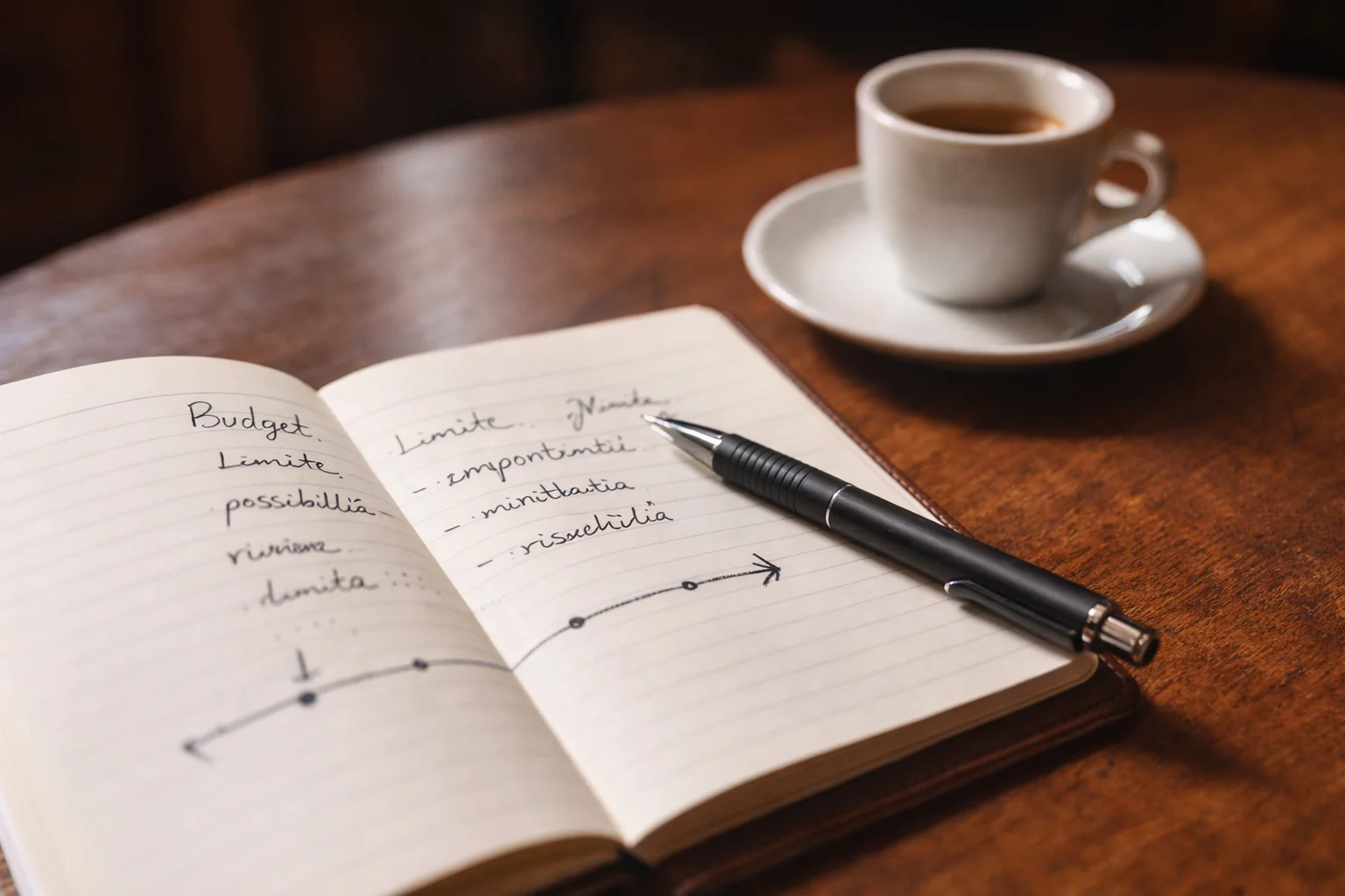 Blocco note con penna e appunti scritti a mano per la pianificazione del budget di gioco