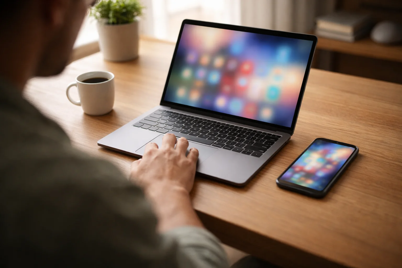 Persona che confronta siti di scommesse virtuali su laptop e smartphone