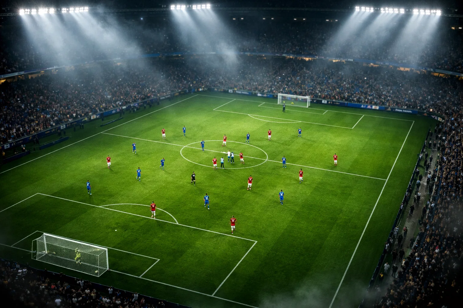 Stadio di calcio virtuale illuminato con campo verde visto dall'alto