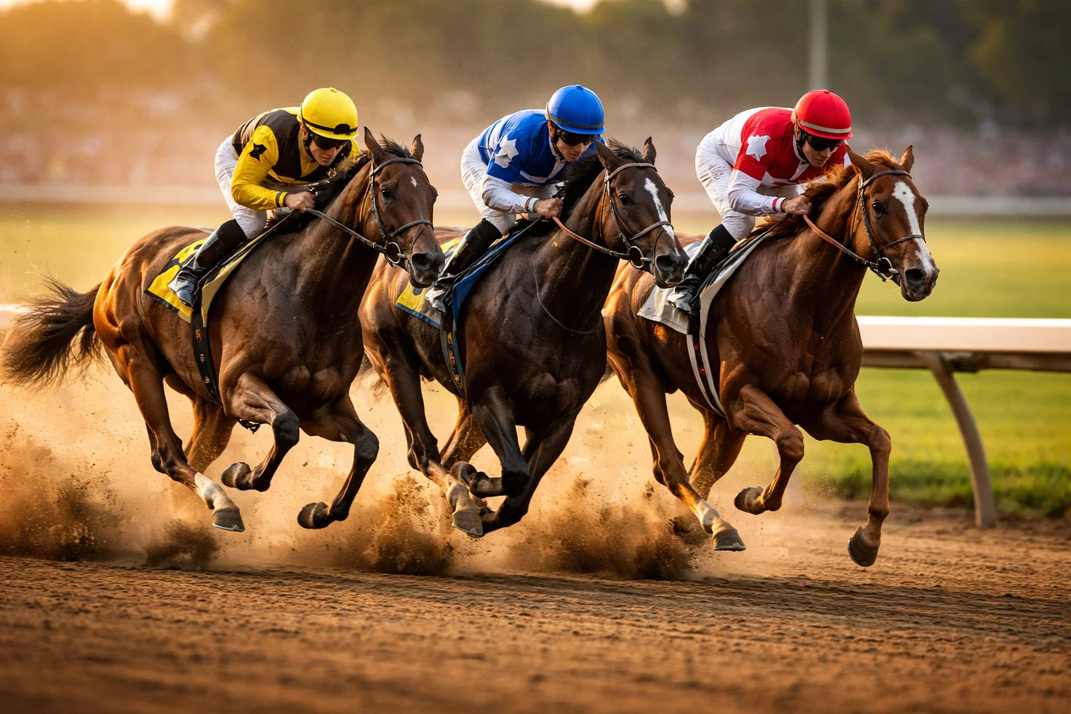 Cavalli al galoppo su pista in terra battuta durante una corsa ippica