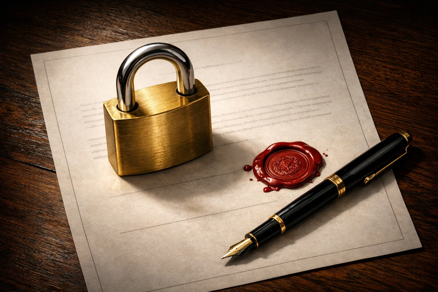 Lucchetto di sicurezza su sfondo con documento ufficiale e timbro